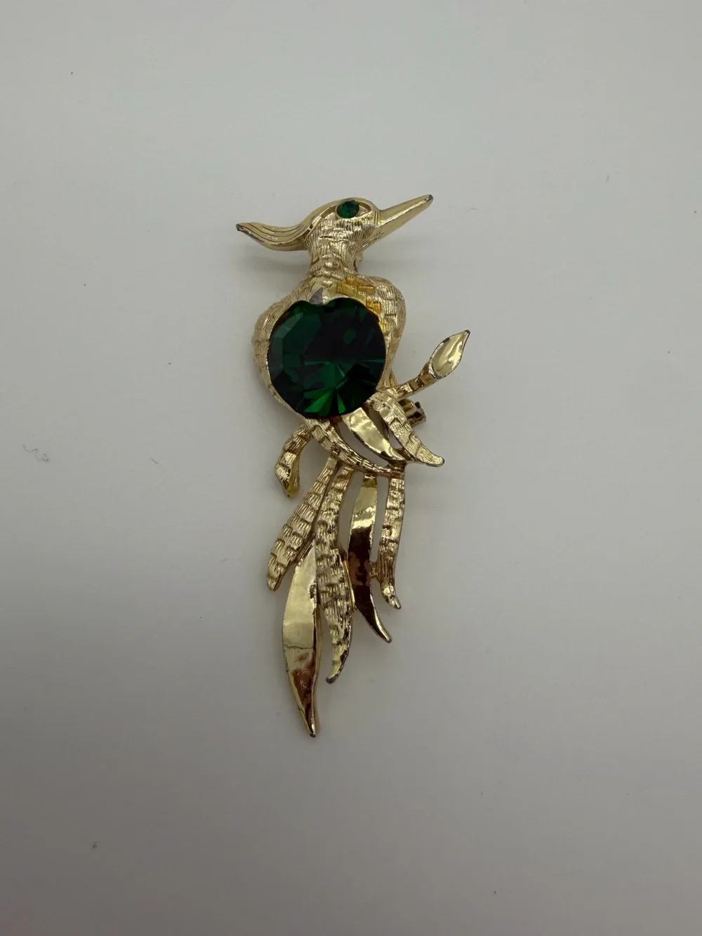 Gold-Tone Bird Brooch with Emerald Green Crystal